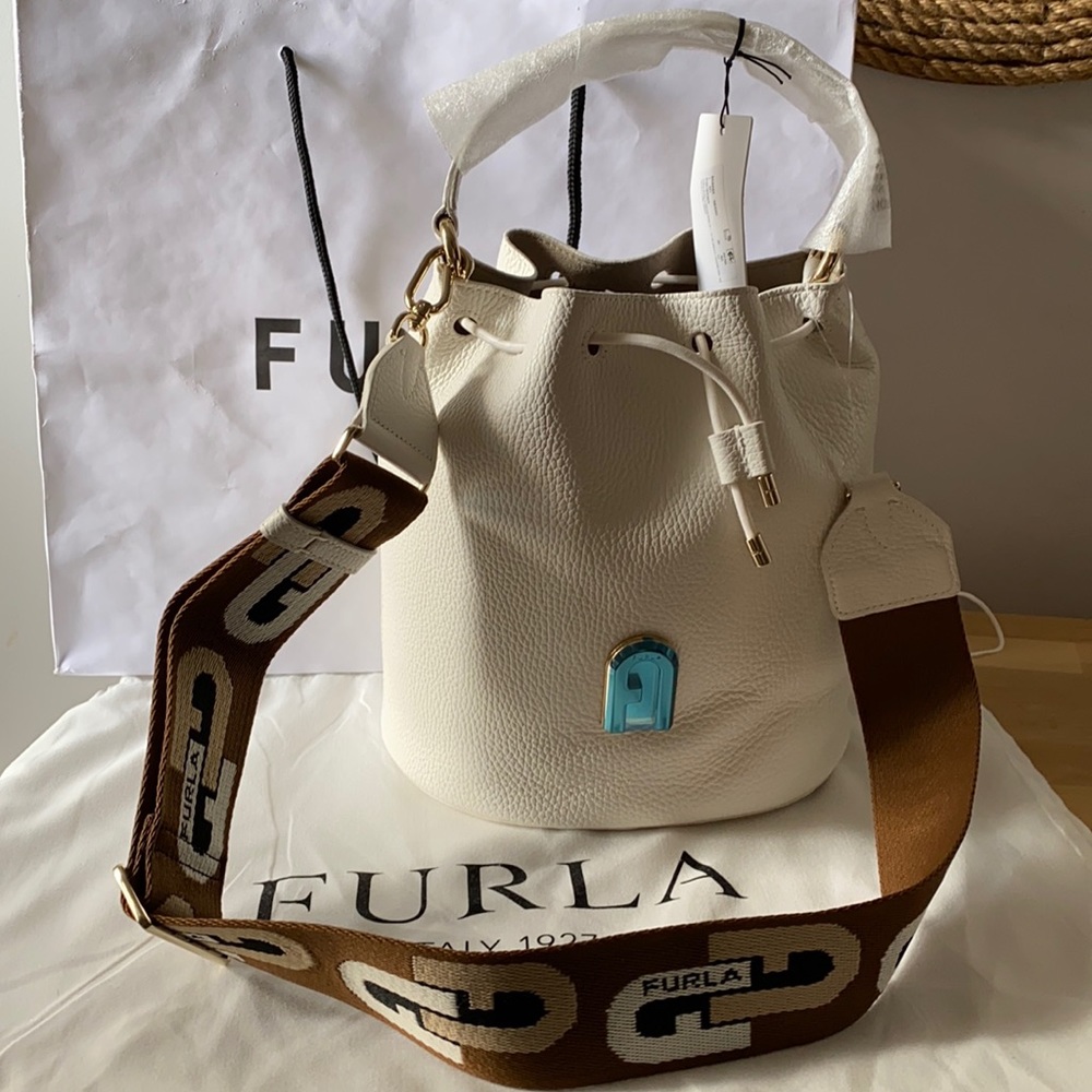Furla white bucket bag/ brown retro guitar strap